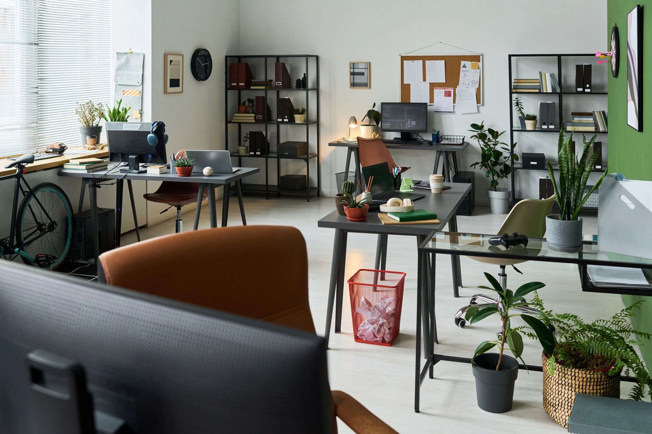 Modern business office workspace with technology infrastructure